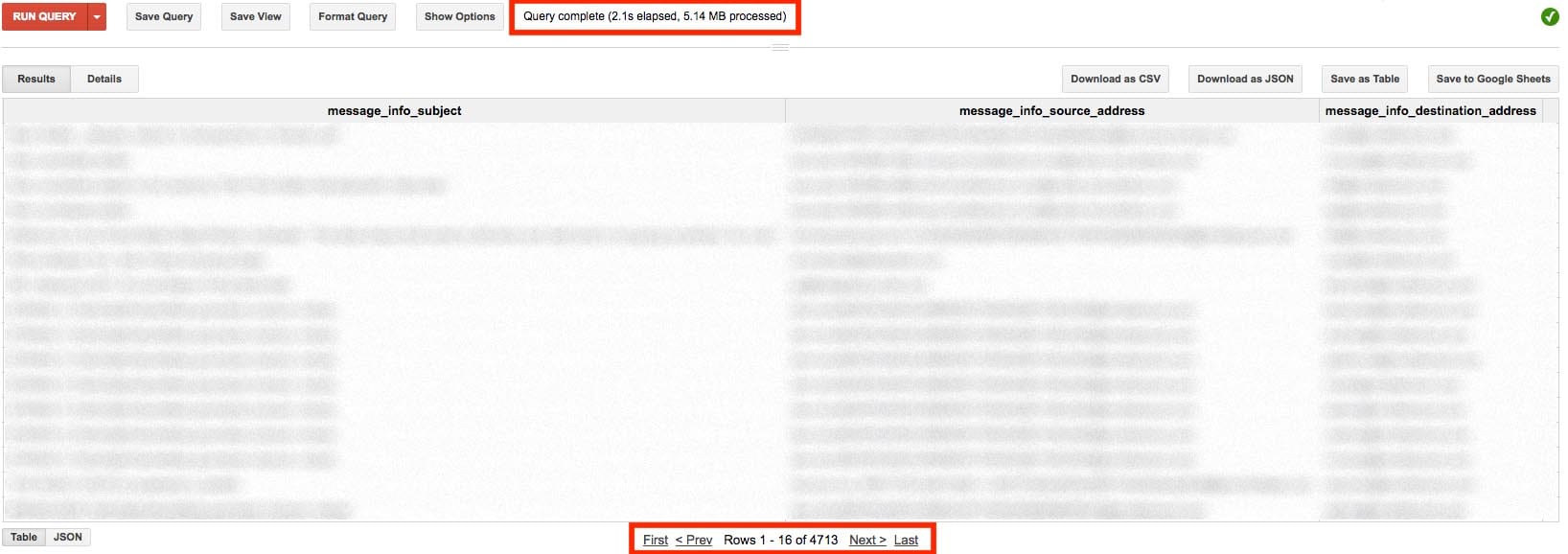 BigQuery Gmail Logs Results Query example Gmailmeter