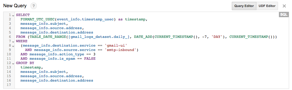 BigQuery Gmail logs query example