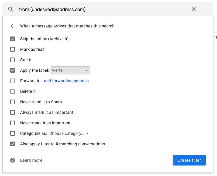UI section of Gmail for filtering, showing a list of possible actions
