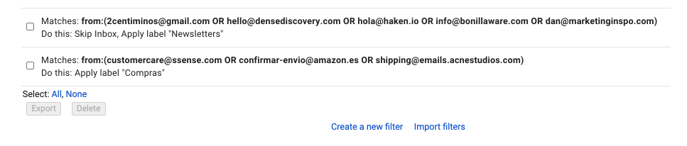 My Gmail filters set-up to avoid a cluttered inbox.